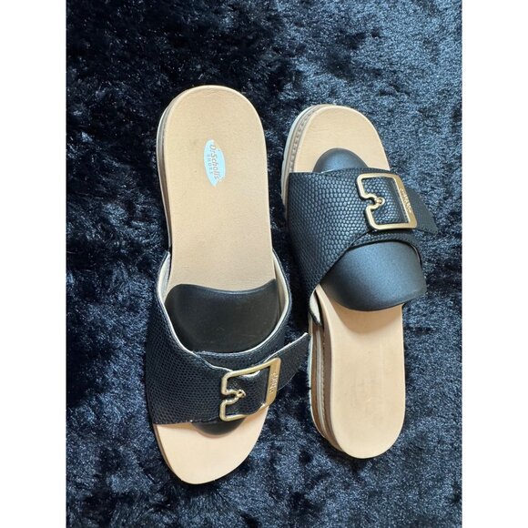 Dr. Scholls Womens Black Slide Sandals With Gold Buckle Accent Size 9M - Picture 2 of 7